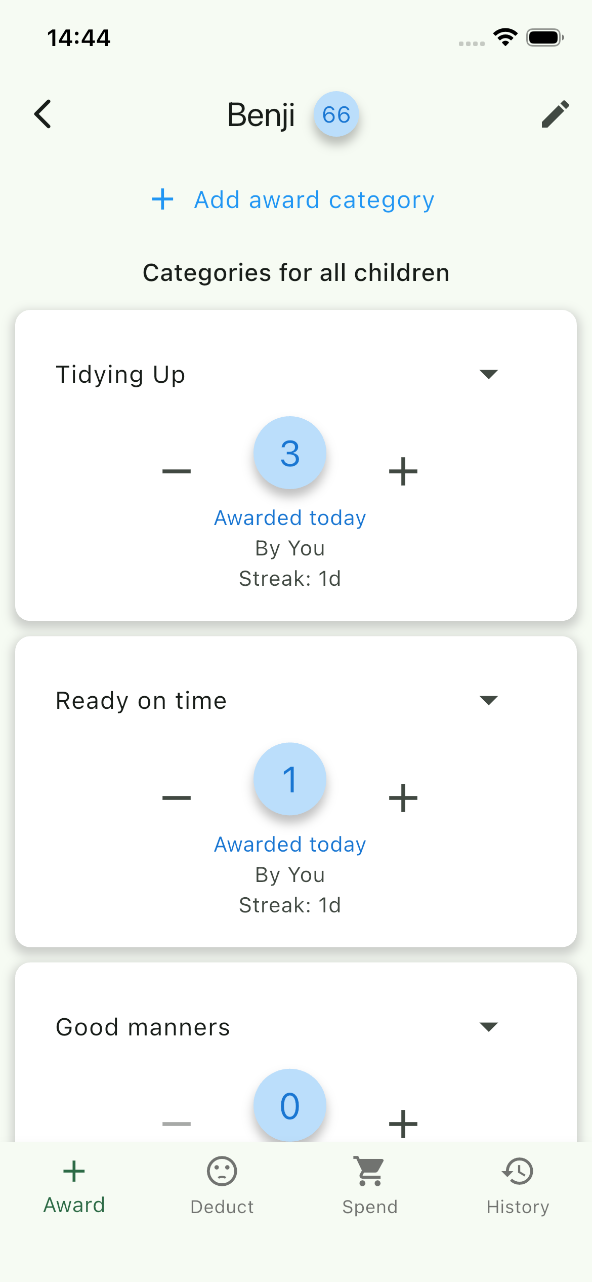 Award points screen for good behavior