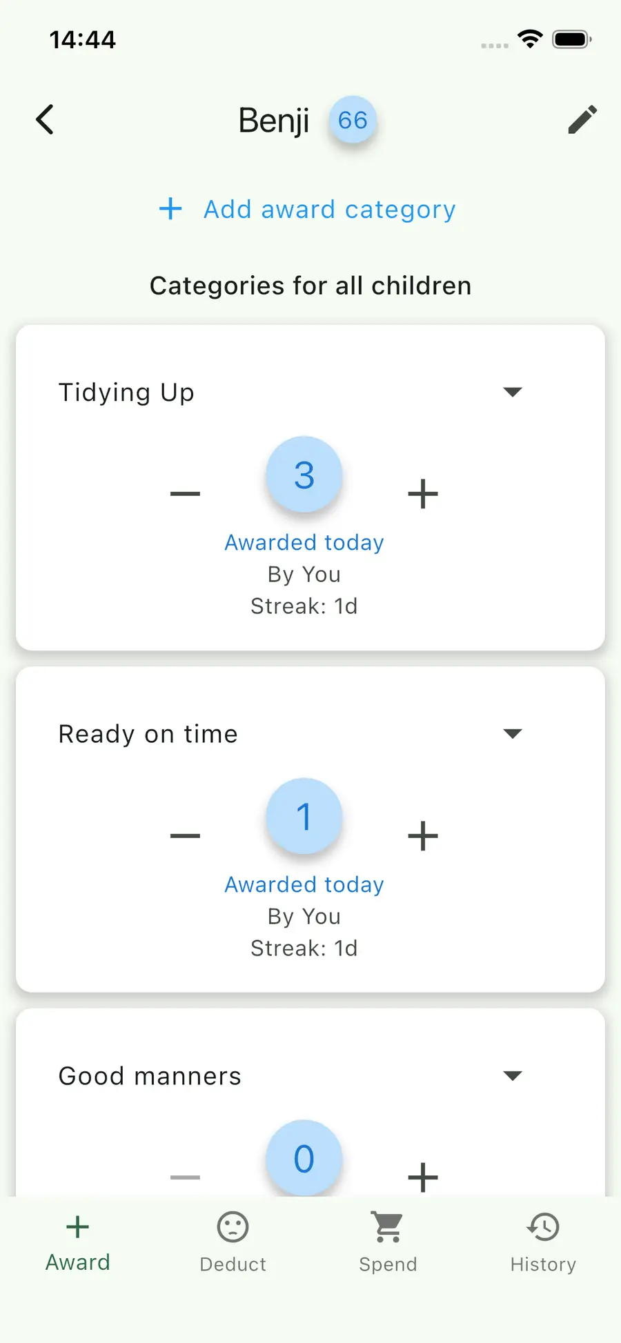 Award points screen for good behavior