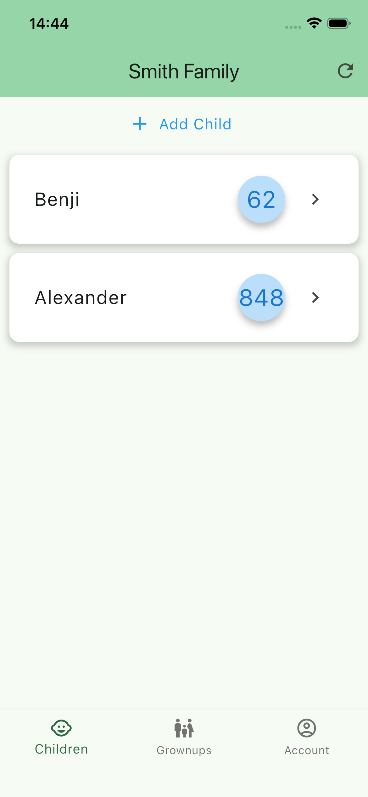 Housepoints home screen showing family members and their points